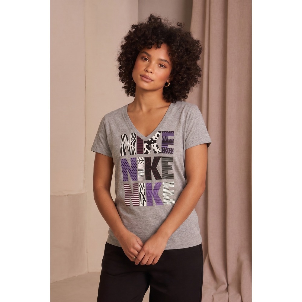 NWOT Nike Women's Large Gray Athletic Dept Slim Fit V Neck Graphic Tee Shirt